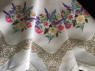 Exquisite Vintage Linen Hand Embroidered Tablecloth Floral Posies With Lavender