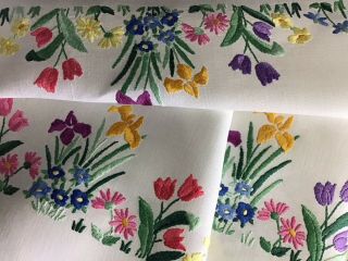 Stunning Large Vintage Linen Hand Embroidered Tablecloth Floral Gardens