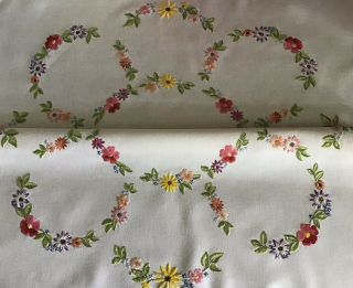 Stunning Vintage Hand Embroidered Tablecloth Lovely Floral Circles