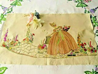 Vintage Hand Embroidered Picture Panel - Crinoline Lady&country Garden