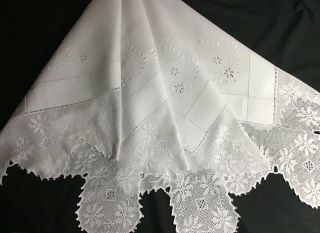 Gorgeous Antique Irish Linen Tablecloth Hand Embroidered Whitework/deep Lace.