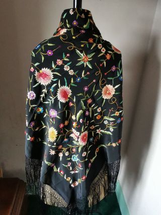Early Vintage Silk Hand Embroidered Piano Shawl