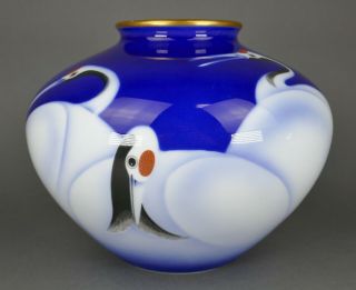 Fine Vtg Japanese Fukagawa Seiji Arita Porcelain Imperial 6 Crane Bulbous Vase