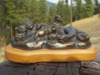 D J Bawden Sculpture Of A Lion Or Mountain Lion W/ Her Baby Kittens Signed 