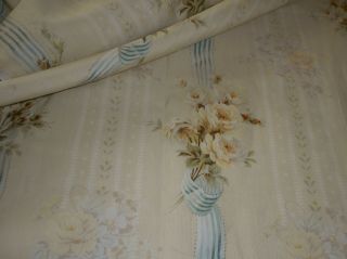 Antique French Floral Roses Ribbon Garland Stripe Fabric Yellow Olive Teal Blue