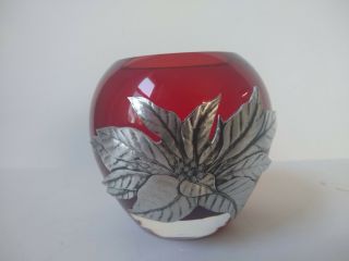 Christmas Ruby Red Glass Votive Candle Holder With Applied Metal Poinsettia
