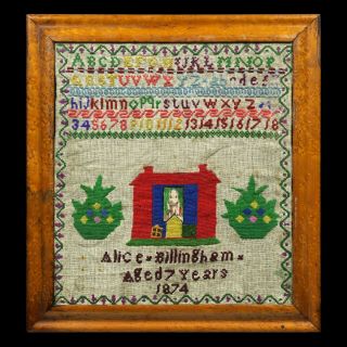 Antique Unusual Sampler With Inset Photograph By 7 Year Old Girl Dated 1874