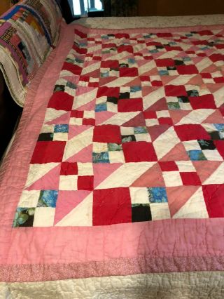 Antique Vintage Quilt,  Vibrant Reds And Pinks 64” By 72”