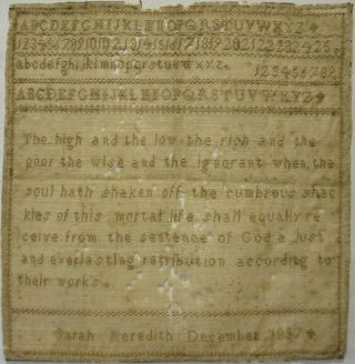 Early/mid 19th Century Quotation & Alphabet Sampler By Sarah Meredith - 1837