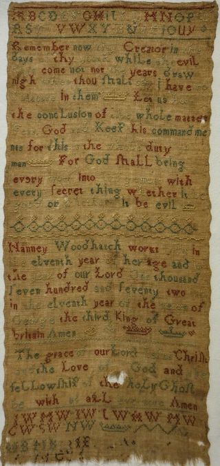 Mid/late 18th Century Quotation Sampler By Nanney Woodhatch Aged 11 - 1772