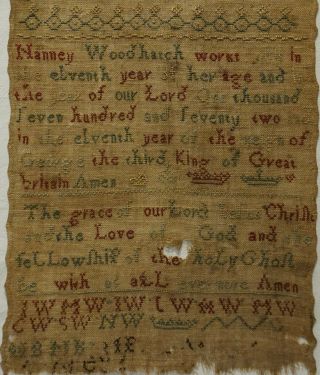 MID/LATE 18TH CENTURY QUOTATION SAMPLER BY NANNEY WOODHATCH AGED 11 - 1772 3