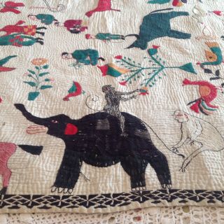 Antique Vintage Indian Needlework Quilt Throw / With Figures & Animals.