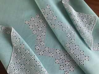Vintage Hand Embroidered Needle Lace Green Linen Tablecloth 35x36 Inches