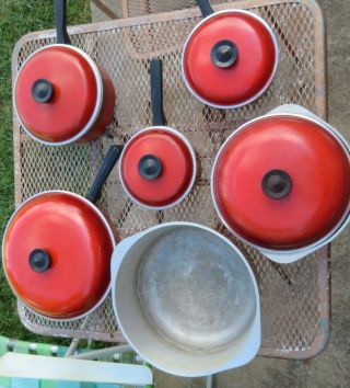 Vintage Red 11 Pc Club Brand Aluminum Cookware Pot Set Red
