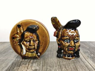 Vintage Native American Indian Chief Head And Drum Salt Pepper Shakers