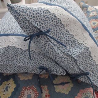 A Sweet Vintage Cottage Tied Pillow Shams Tiny Blue Roses