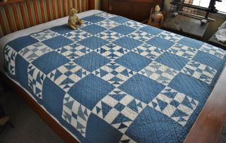 Antique Hand Stitched Blue Calico Ducks And Ducklings Quilt