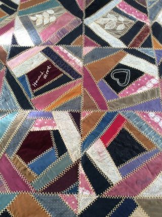 Antique Crazy Quilt Top Wool Silk Velvet Embroidery Signed 63 X 72