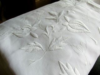 Vtg French Victorian White Linen Embroidered Bed Cover / Table Cloth 112 " X 90 "
