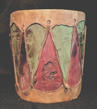 Antique Native Cochiti Pueblo Mexico Vtg Collectible Painted Drum 2