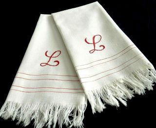 Antq.  French Bath Towels,  Point De Beauvais " L " Monogram,  Waffle Weave & Fringed