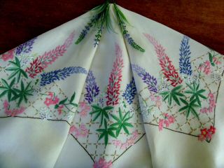 Vintage Hand Embroidered Tablecloth Cottage Garden Flowers Lupins