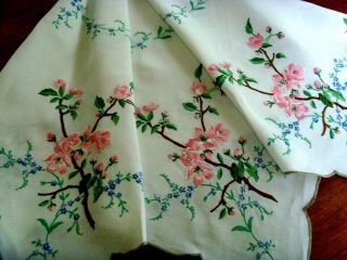 Vintage Hand Embroidered Tablecloth Apple Blossom & Forget Me Not