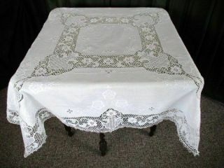 Vintage Point De Venise Lace & Hand Embroidered Tablecloth - Linen - 50 " Sq.