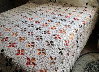 Vintage Hand Crochet Popcorn Stars Bedspread Coverlet Ecru 110  X 90 "