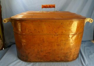 Vintage Antique Primitive Copper Boiler Wash Tub Pot With Lid Wood Handles