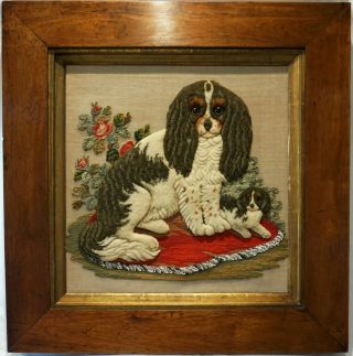 Mid 19th Century Plush Work Of A King Charles Spaniel With Her Pup - C.  1860