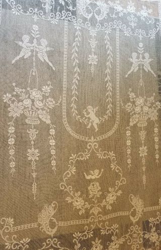 Rare Antique French Handmade Filet Lace Curtain Bedspread Cherubs Angels