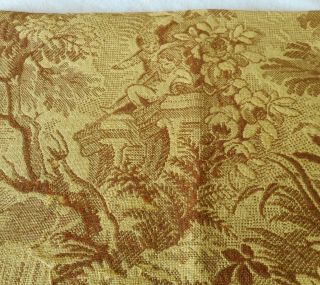 Antique Vintage French Botanical Cherub Tapestry Fabric Ochre Yellow Gold Brown