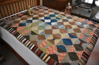 Antique Hand Stitched Log Cabin Quilt W/ Pieced Piano Border & Homespun Back