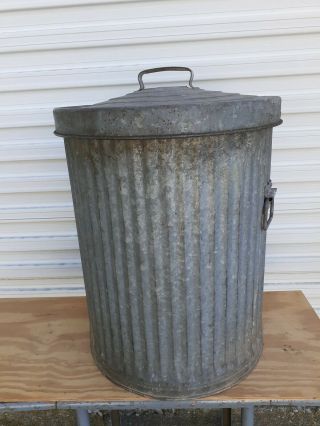Early Vintage Galvanized Metal Trash/garbage Waste Can With Handles