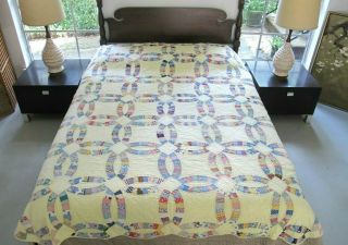 Needs Tlc Vintage Hand Sewn Feed Sack Novelty Prints Wedding Ring Quilt; Full