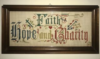 Antique Victorian Punched Paper Embroidered Sampler Motto Faith,  Hope,  Charity