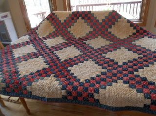 Antique Triple Irish Chain Red,  White & Blue Handmade Quilt - Over 100 Years Old