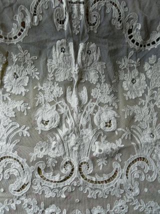 Antique Vintage Lace On Net Curtain Drapery Panel Floral Leaf Embroidery