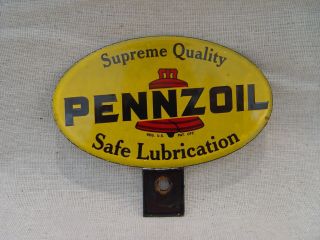 Vintage Pennzoil Motor Oil 2 - Piece Porcelain Advertising License Plate Topper