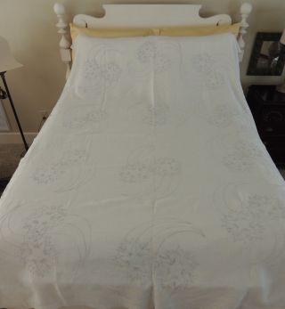 Antique Heavy White Linen Tablecloth Or Bed Coverlet 60 By 92 " Blue Embroidery