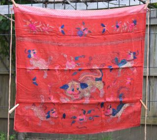 Antique Chinese Hand Embroidered Fabric Textile Panel 34 " X 30 "