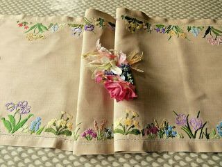 Vintage Hand Embroidered Table Runner/dresser Scarf - Floral Clusters