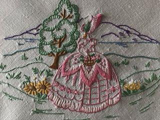 Gorgeous Vintage Linen Hand Embroidered Tablecloth Crinoline Ladies