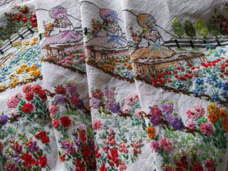 Vintage Hand Embroidered Crinoline Lady Linen Tablecloth - Exceptional Quality