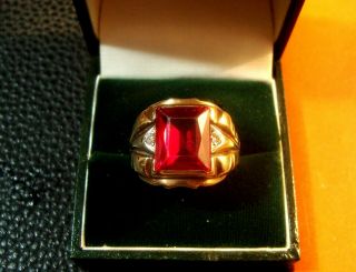 Vintage 10k Gold Diamond And Large Red Stone Men 
