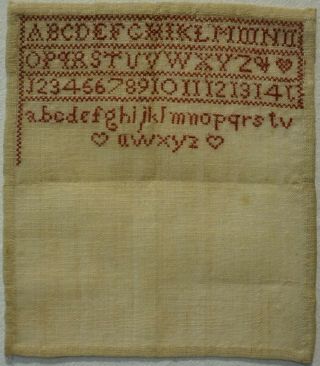 Very Small Early 19th Century Unfinished Red Stitch Work Alphabet Sampler C.  1830