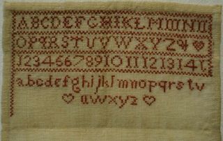 VERY SMALL EARLY 19TH CENTURY UNFINISHED RED STITCH WORK ALPHABET SAMPLER c.  1830 2