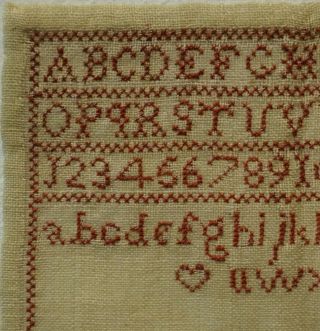 VERY SMALL EARLY 19TH CENTURY UNFINISHED RED STITCH WORK ALPHABET SAMPLER c.  1830 3