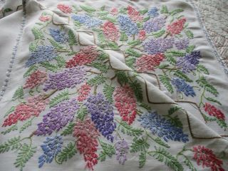 Vintage Hand Embroidered Linen Tablecloth - Floral Blossom
